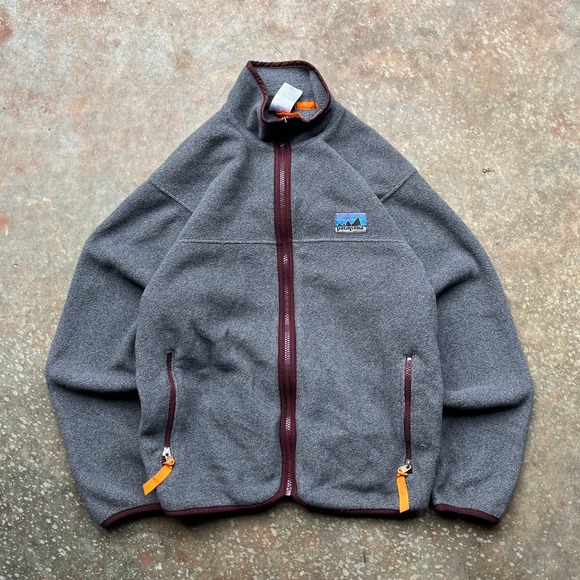 Retro Patagonia Synchilla Full Zip Fleece Mens Small Grey Burgundy Trim P-6 Logo